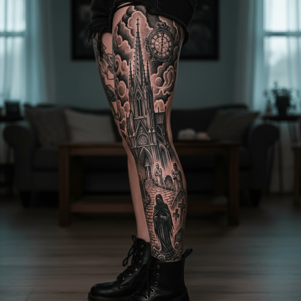 Modèle de tatouage de cathédrale gothique pour femmes : Beauté mystique avec des éléments d&rsquo;horreur