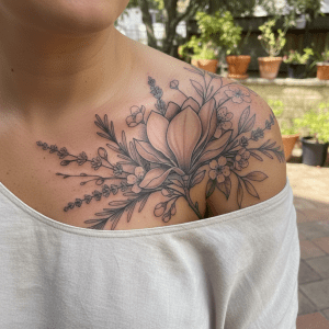 Modèle de tatouage floral élégant pour l&rsquo;épaule féminine : Magnolia & fleurs de cerisier en interaction harmonieuse