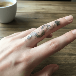 Mystical finger tattoo with crystal, runes and crown