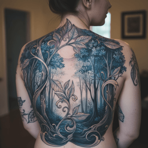 Mystical forest back: Imaginative tattoo design without animal depiction