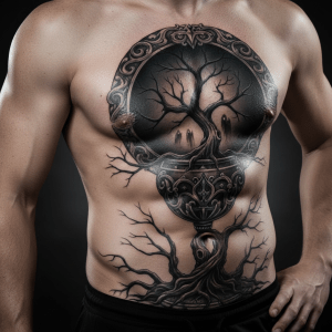 Mystical horror belly tattoo: Gothic portal and living ghosts