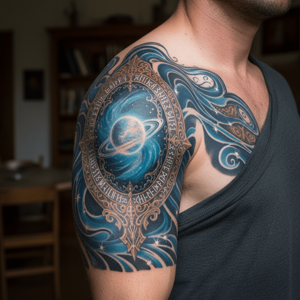 Mystical mirror tattoo on the shoulder: imaginative design for the modern man