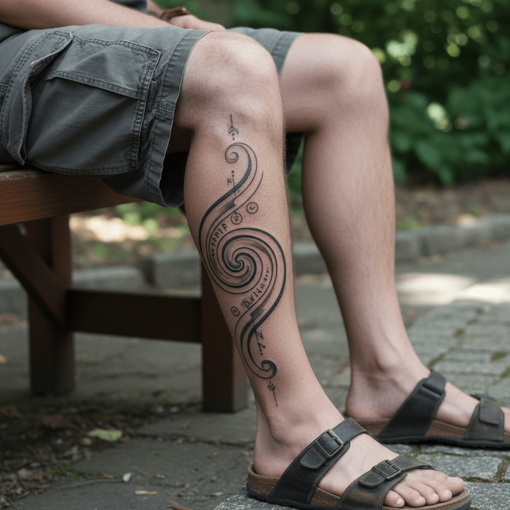 Mystical spiral tattoo template for men’s legs