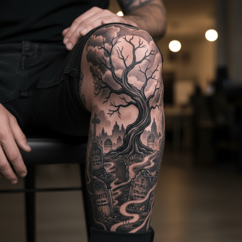 Mystisches Horror-Tattoo am Bein: Verwunschener Friedhof in eindrucksvoller Detailgenauigkeit