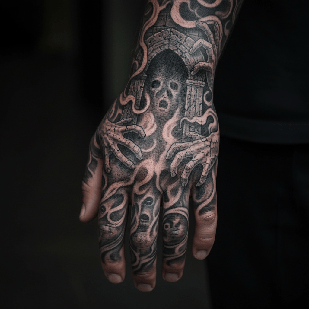 Mystisches Horror-Tattoo: Der Torbogen zur dunklen Dimension auf dem Handrücken