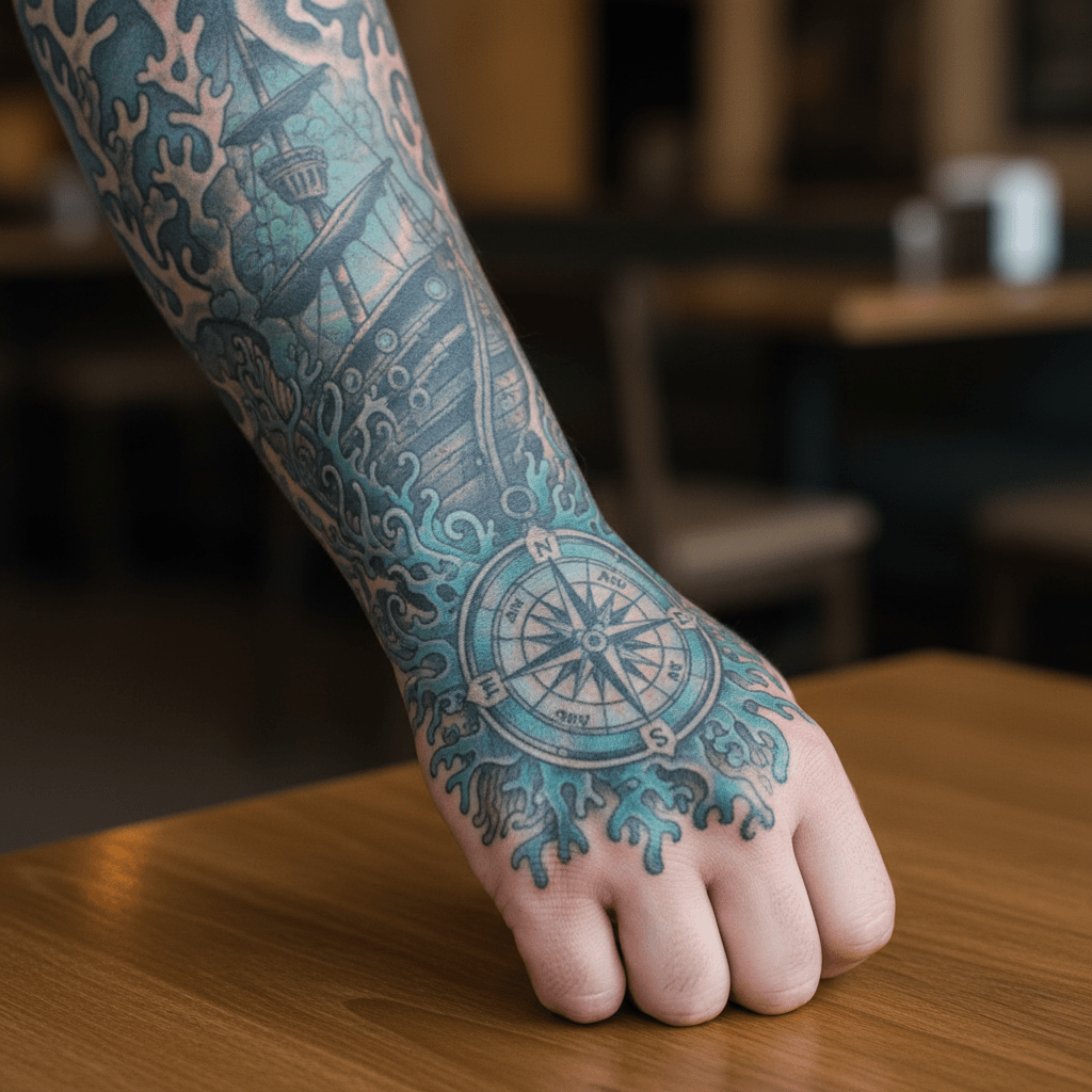 Nautical compass and coral wreck tattoo on the hand: a masterpiece of marine life