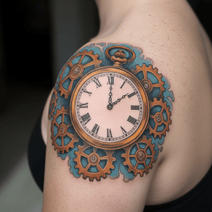 Tatouage nostalgique de montre de poche sur l&rsquo;épaule : le temps, la mécanique et l&rsquo;élégance réunis