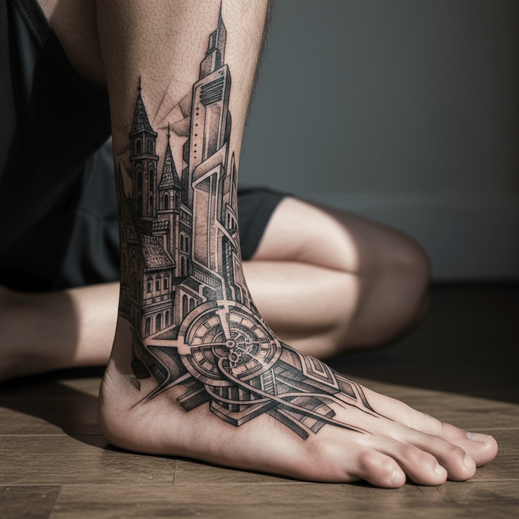 Obra maestra de la arquitectura urbana: elegante transformación y tatuaje encubridor para pies masculinos