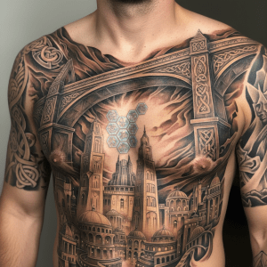 Obra maestra del arte corporal: la arquitectura se une al futuro en un épico diseño de tatuaje