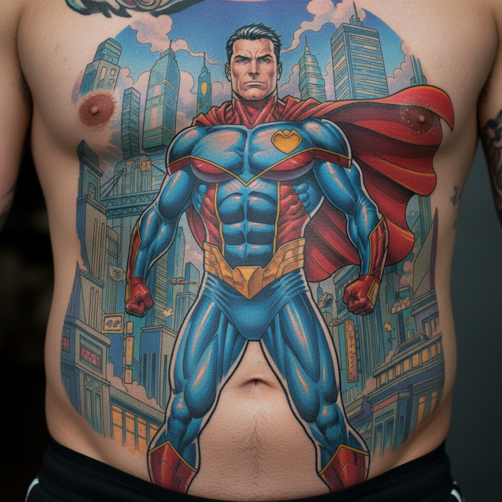 Obra maestra del tatuaje de cómic: metrópolis futurista y superhéroe indomable en la zona del estómago