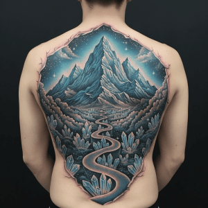 Paysage montagneux cosmique : tatouage 3D pour le dos avec une expérience mystique de l&rsquo;univers