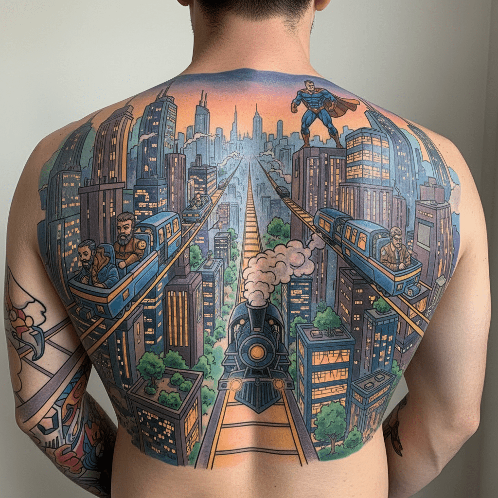 Paysage urbain futuriste : impressionnant tatouage dorsal de bande dessinée aux détails vivants