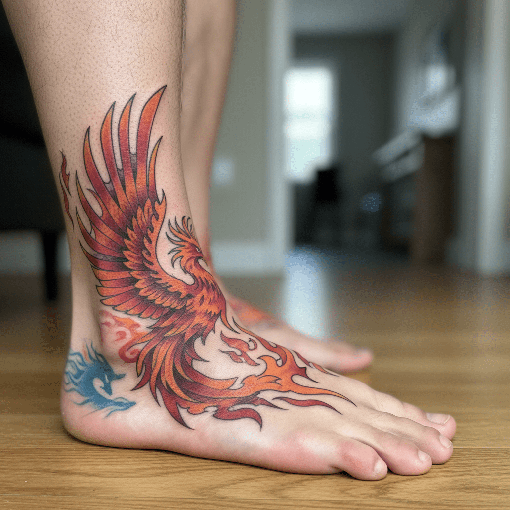 Phoenix tattoo on the foot: Unique tattoo template for men