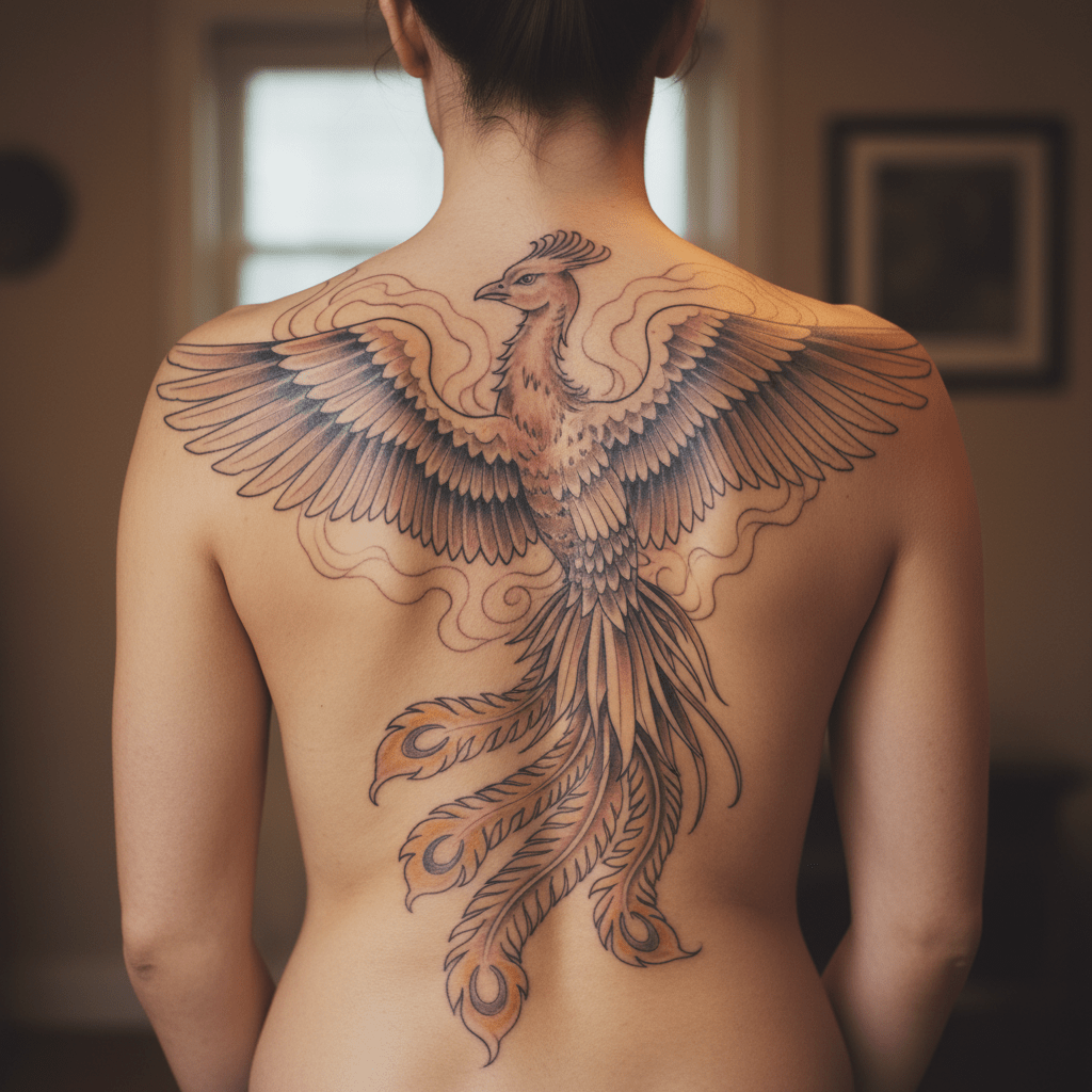 Phönix Tattoo-Motiv für den Rücken: Elegante und Majestätische Körperkunst für Frauen