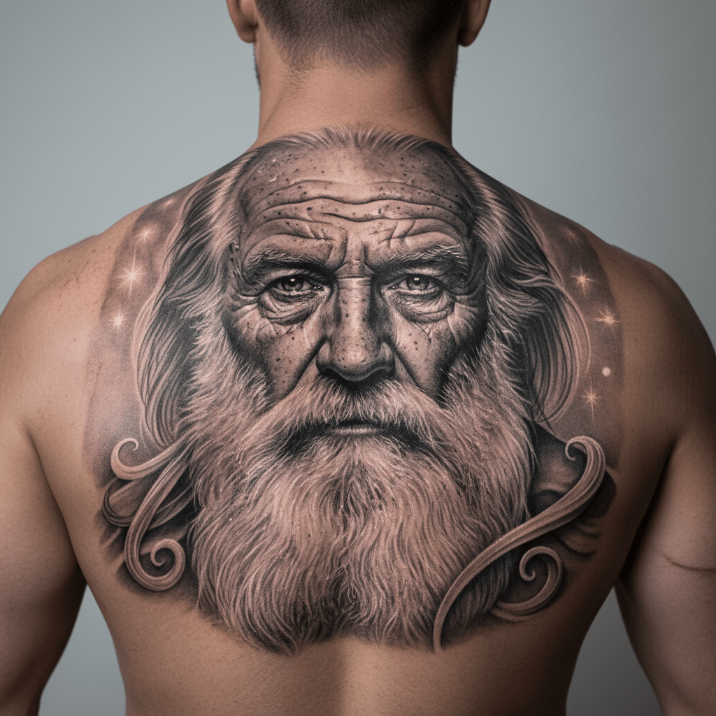Portrait sage : chef-d&rsquo;œuvre de tatouage réaliste pour le dos des hommes