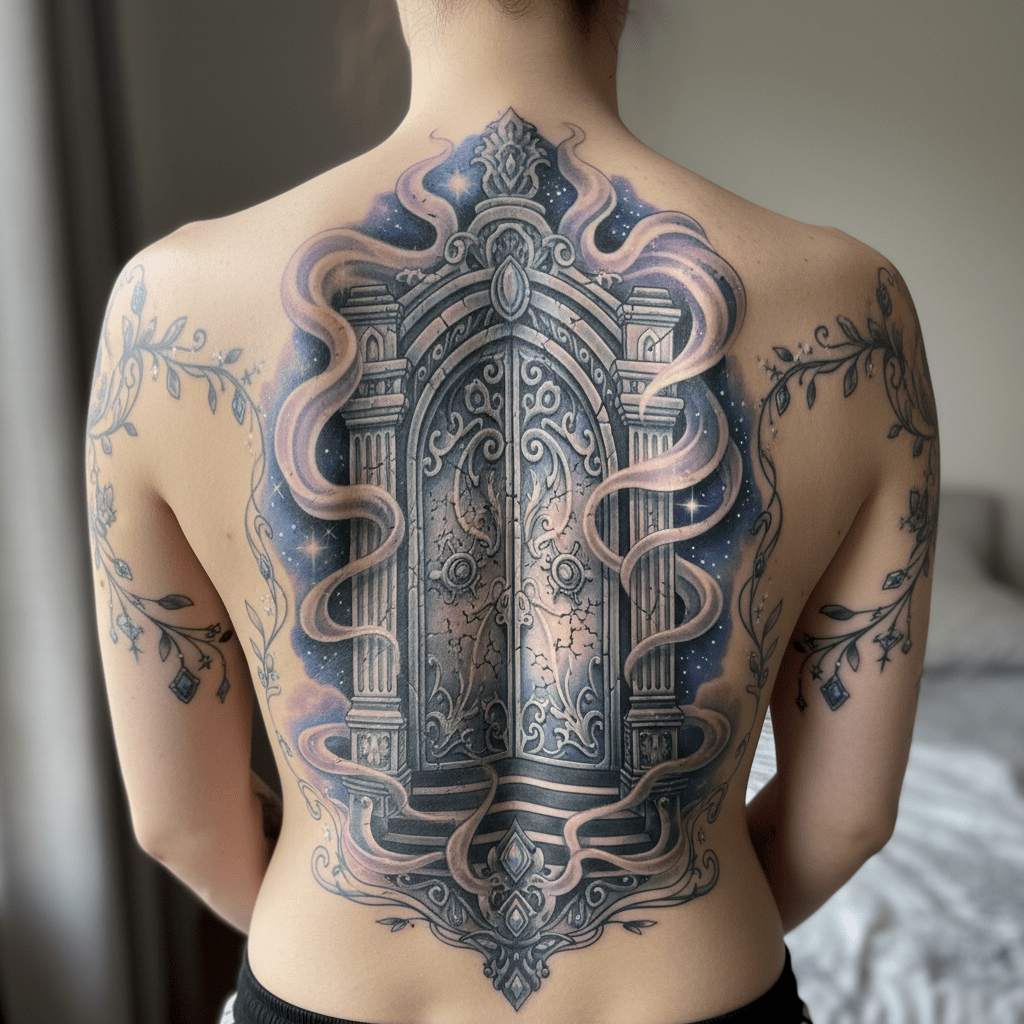 Puerta de fantasía mística: tatuaje único en la espalda con detalles celestiales