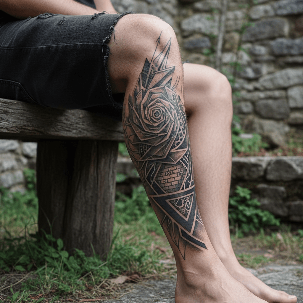 Puissant design de tatouage de jambe géométrique pour hommes : combinaison de nature, d&rsquo;architecture et de technologie