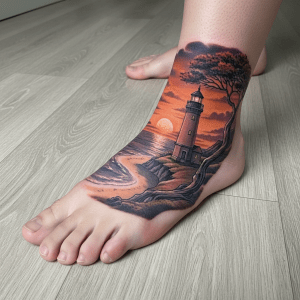Realistic coastal landscape tattoo on the foot: sunset and lighthouse in harmony