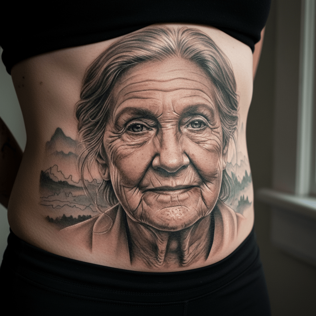 Realistisches Portrait-Tattoo einer Weisen alten Frau auf dem Bauch: Ein Meisterwerk der Tattoo Kunst