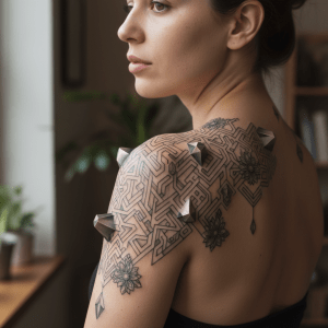 Shoulder tattoo: sensual geometry and floral elegance