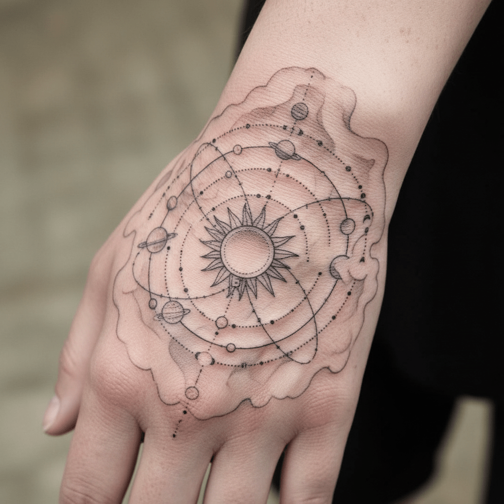 Sistema solar mecánico: tatuaje encubridor de filigrana para el dorso de la mano