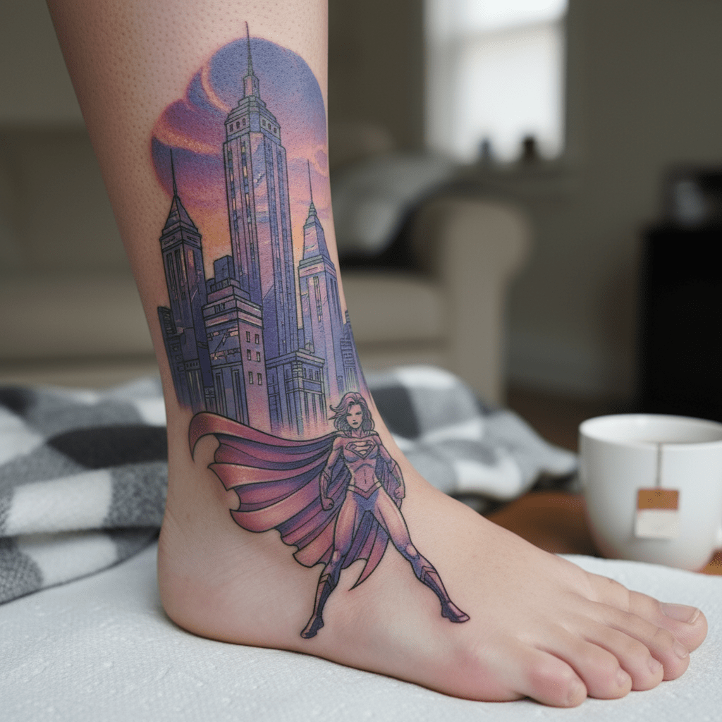 Superhero tattoo on a woman’s foot: vintage comic with a modern flair