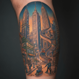 Surreal comic tattoo: futuristic cityscape on the leg