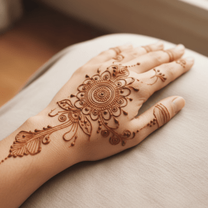Elégant tatouage à main au henné avec des éléments de mandala dans des tons terreux