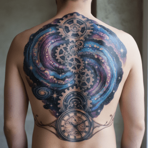 Tatouage cosmo-mécanique pour le dos : imagination et précision réunies