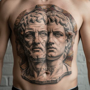 Tatouage de la mosaïque Janus : la dualité intemporelle et la splendeur romaine dans l&rsquo;art réaliste