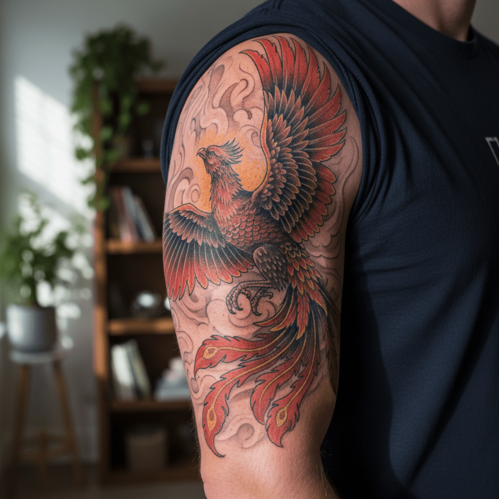 Tatouage de phénix : majesté et puissance sur les bras des hommes