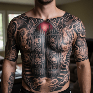 Tatouage d&rsquo;horreur mystique pour la poitrine : porte de château gothique et détails sinistres
