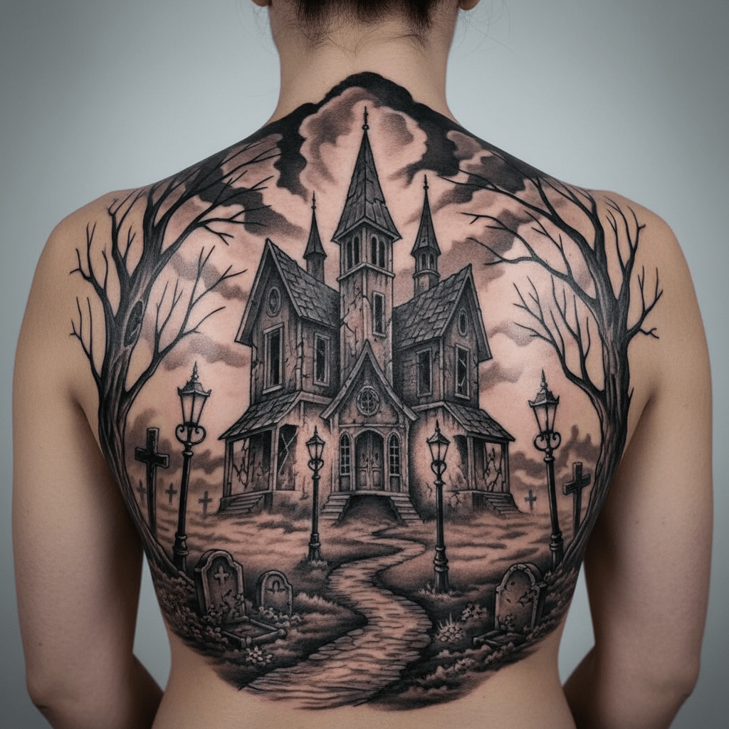 Tatouage d&rsquo;horreur victorien : scène fantomatique sur le dos d&rsquo;une femme