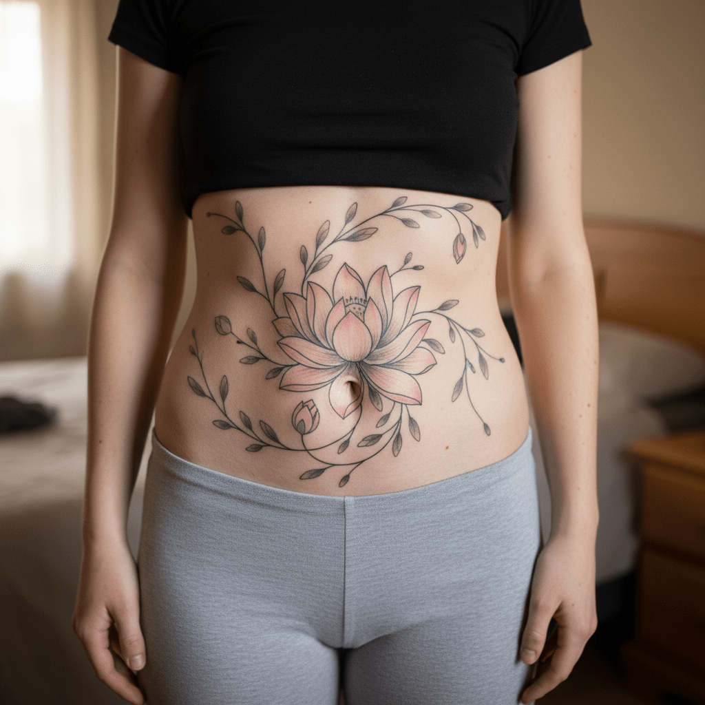 Tatouage élégant de fleurs de lotus pour le ventre : l&rsquo;art moderne rencontre la beauté naturelle