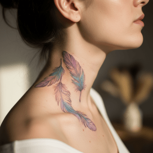 Tatouage élégant de plumes en mosaïque pour le cou d&rsquo;une femme
