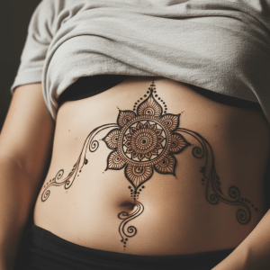 Tatouage élégant sur le ventre au henné : un modèle artistique d&rsquo;esthétique et de symétrie