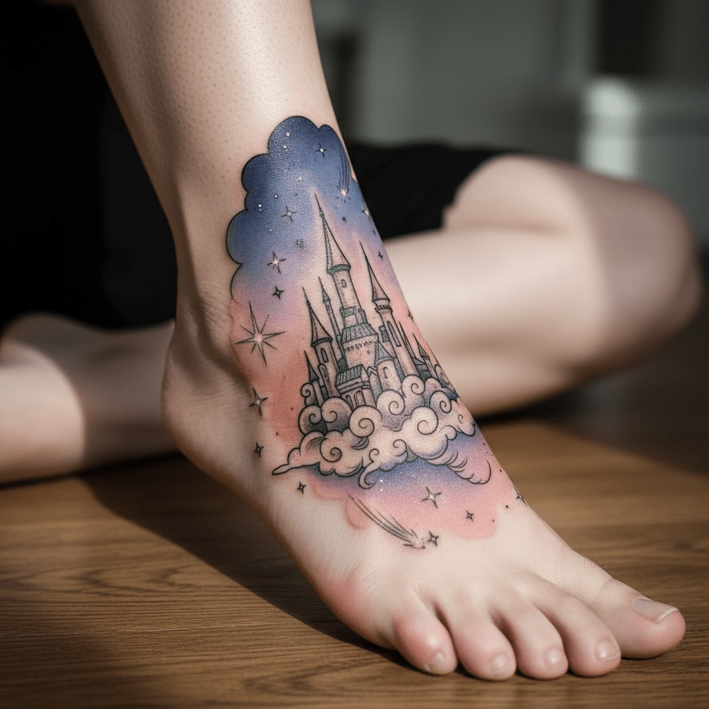 Tatouage féerique de château de bande dessinée pour le pied des femmes