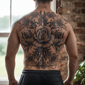 Tatouage floral majestueux dans le dos pour hommes : force et élégance réunies