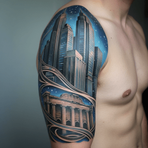 Tatouage futuriste de paysage urbain comme cover-up pour le bras masculin
