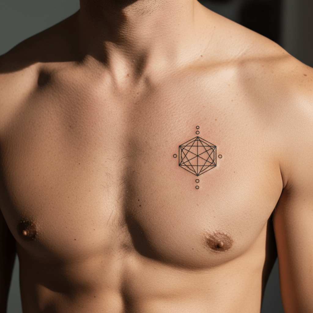 Tatouage géométrique minimaliste pour la poitrine des hommes : design élégant avec des motifs hexagonaux et des lignes fines