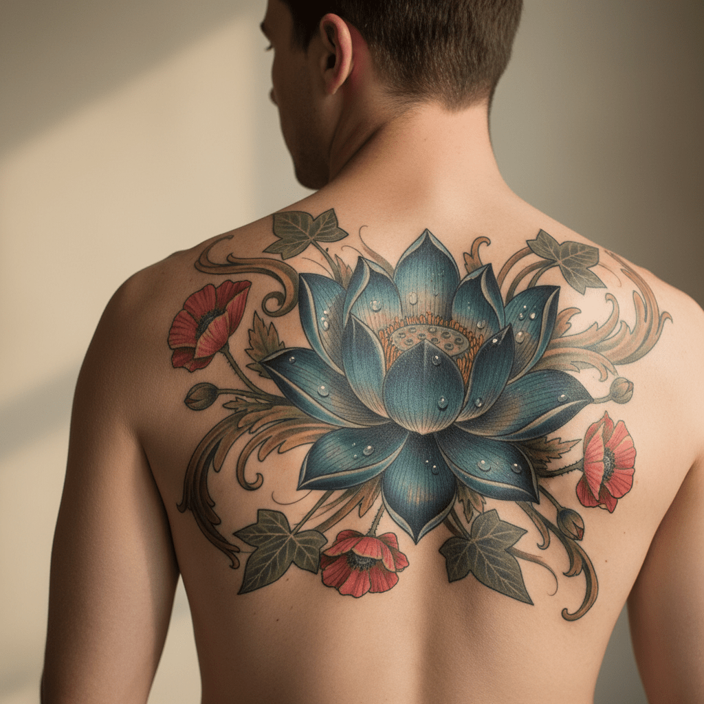 Tatouage majestueux de lotus et de lierre pour hommes : force et élégance florales dans le dos