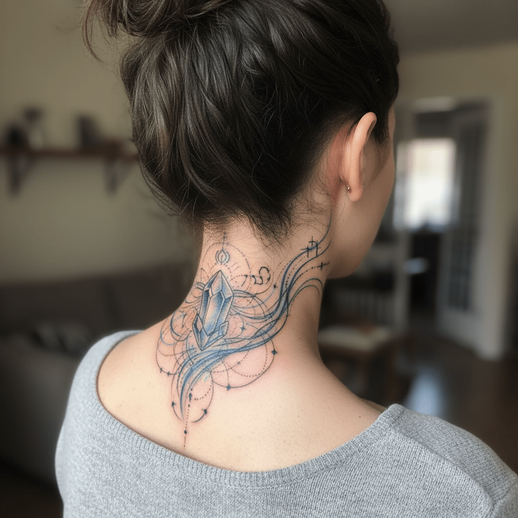 Tatouage mystique en cristal pour le cou : design élégant avec des constellations et des effets de lumière