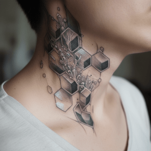 Géométrie organique : tatouage élégant pour le cou avec des prismes cristallins et des nuances argentées chatoyantes