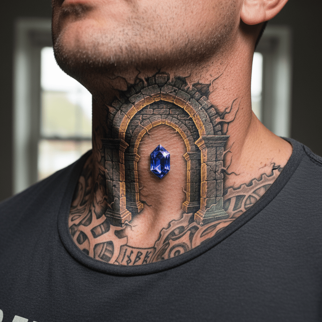 Tatuaje arquitectónico 3D en el cuello: misticismo y masculinidad en la perfección
