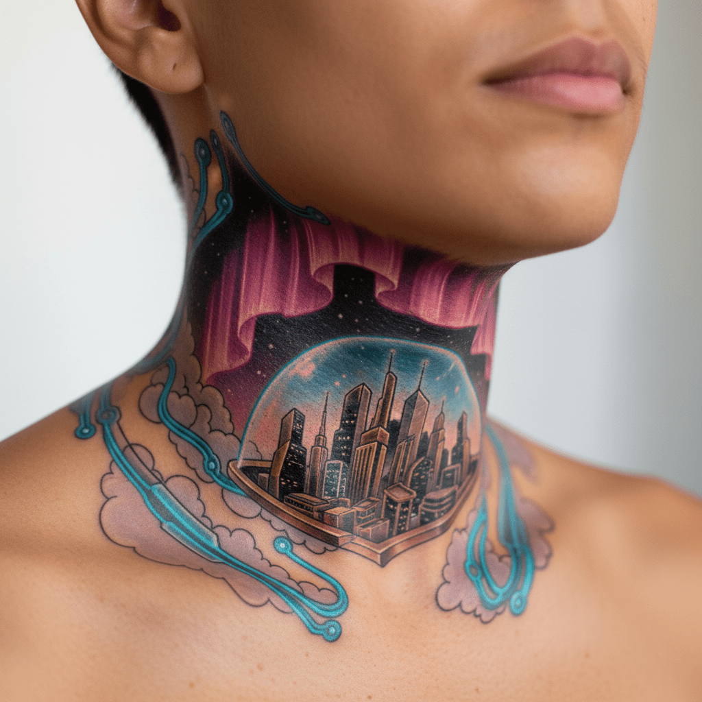 Universo futurista de cómic: tatuaje en el cuello con efecto 3D y diseño de ciudad resplandeciente