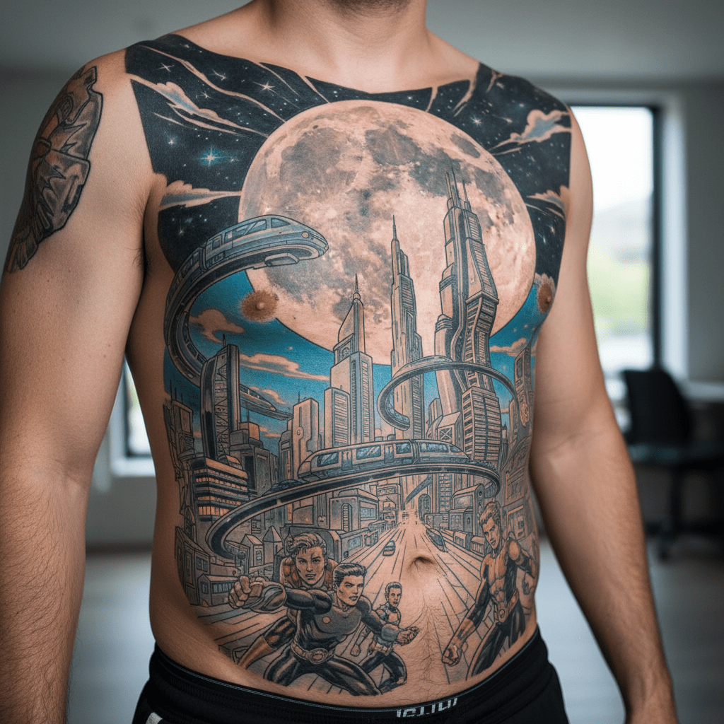 Tatuaje de ciudad futurista en el vientre: luna, panorama urbano y héroes de cómic en perfecta armonía