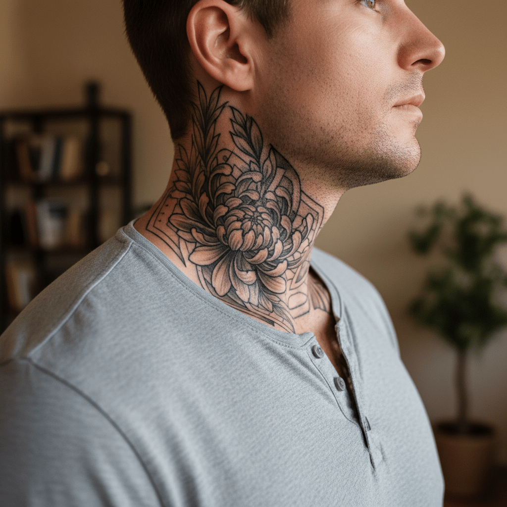 Tatuaje de crisantemo en el cuello: elegancia y fuerza masculinas