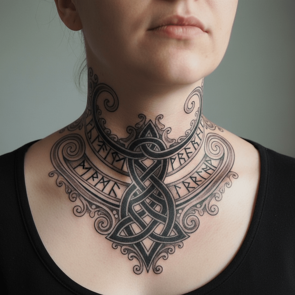 Tatuaje de cuello de inspiración vikinga y celta: elegantes diseños de nudos y runas en un estilo dinámico