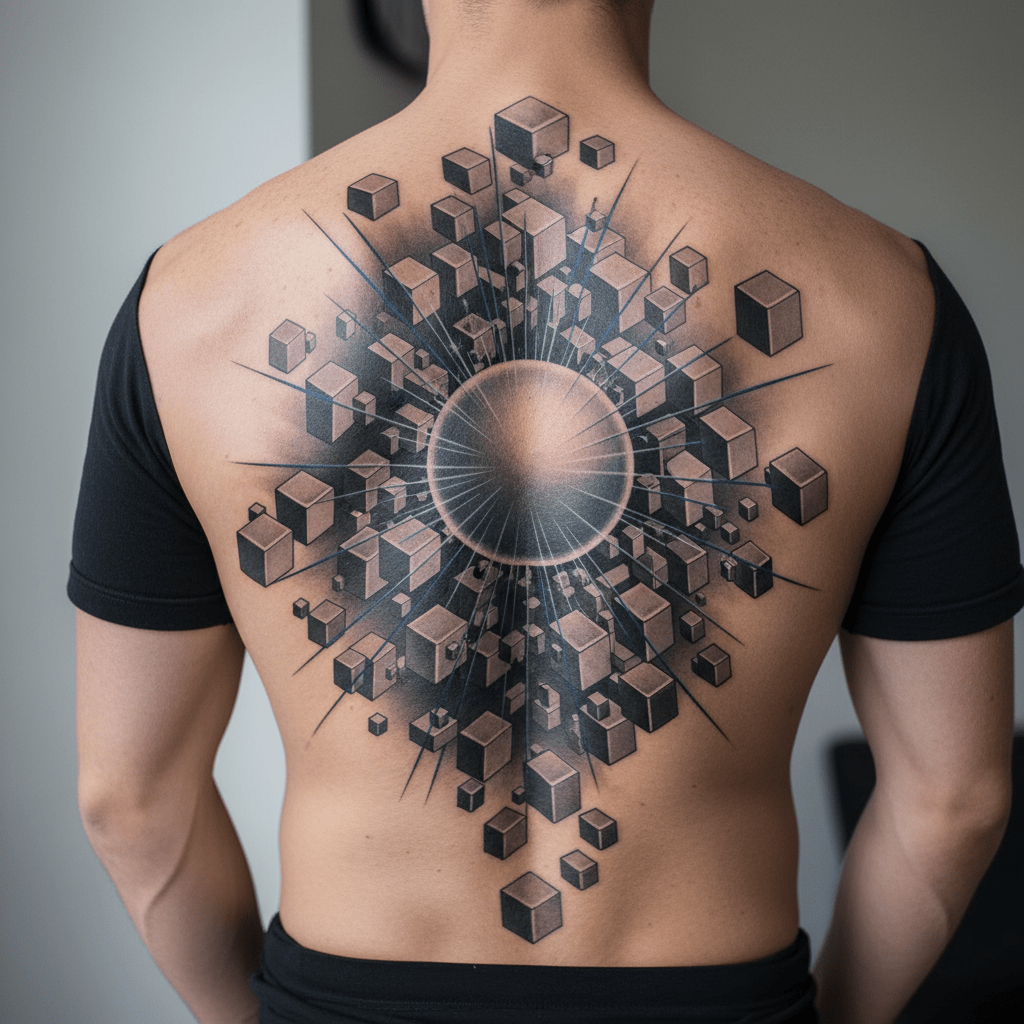 Tatuaje de espalda en 3D para hombre: mosaico ilusionista de geometría y energía