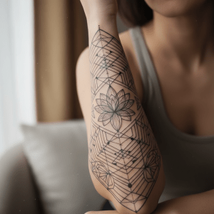 Tatuaje de laberinto geométrico y loto místico para el brazo femenino